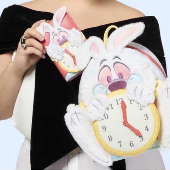 Loungefly White Rabbit Clock Backpack & Wallet Set in White, Pink, Yellow - Picture 11 of 11